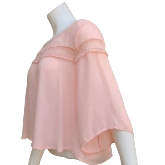 LUSH NORDSTROM Pink Chiffon Crop Top M Blouse Tapered Bell Sleeve Embroidered - Picture 8 of 14